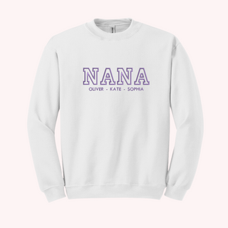Custom Nana Mimi Grandma Gigi grandparent sweatshirt with granchildren grandkids names. Super cute and customizable personalized gift for grandma or grandparent